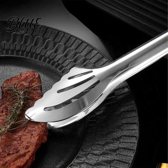 Long Handle Barbecue Serving with Tongs Steel Stainless Tongs Kitchen Buffet Food Non-Slip Grip for Grilling Hollow Out Grill