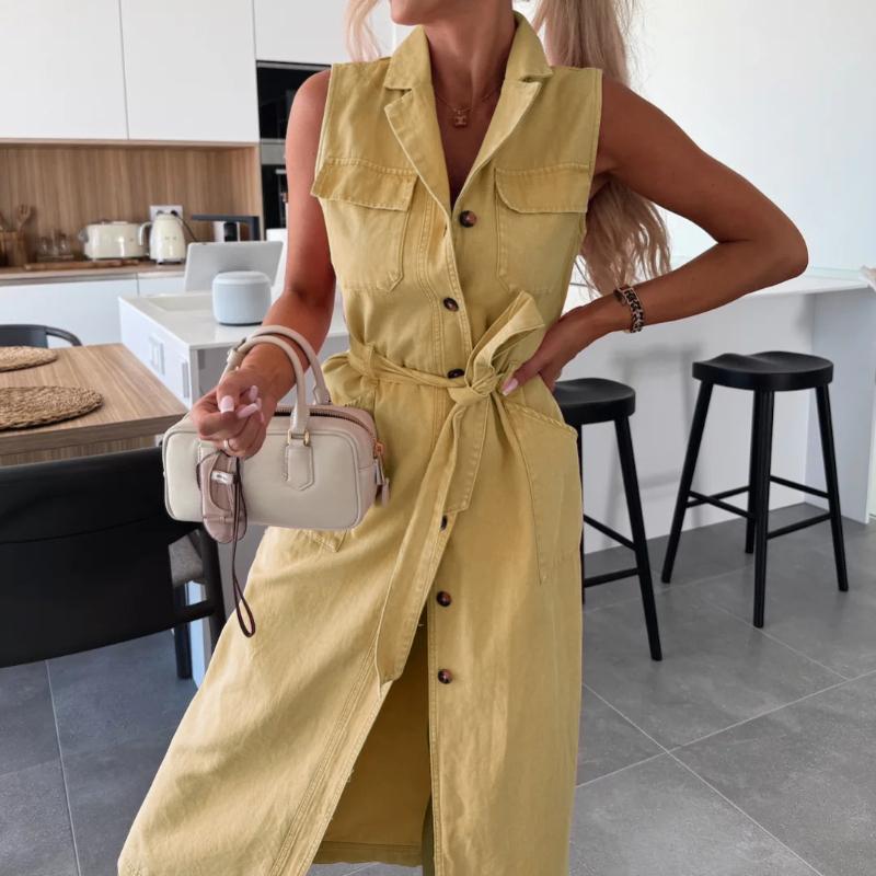 

Джинсовое платье без рукавов с отложным воротником, длинное, на шнуровке на талии, однобортное XL жёлтый