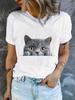 Cute 2D Peeking Siamese Cat Print T-shirt, Casual Loose Cotton Short Sleeve Tee, Adorable Kitten Graphic Top for Cat Lovers