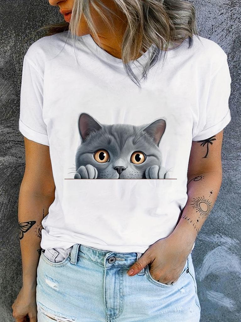 Cute 2D Peeking Siamese Cat Print T-shirt, Casual Loose Cotton Short Sleeve Tee, Adorable Kitten Graphic Top for Cat Lovers