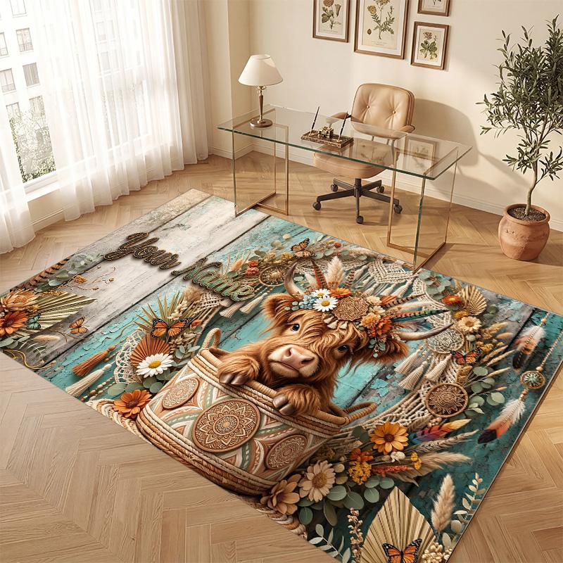 Highland Cow Theme Soft Crystal Velvet Rug Custom Name & Text Print Non Slip Floor Rug for Bedroom Living Room