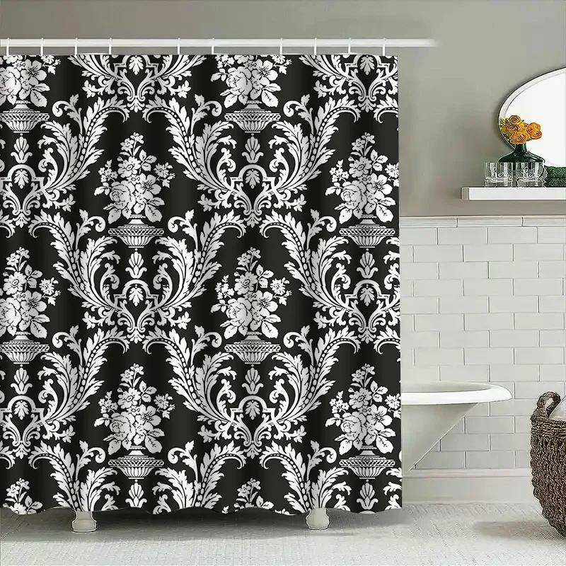 

Black White Damask Shower Curtain Luxury Bathroom Decor W90xH180cm