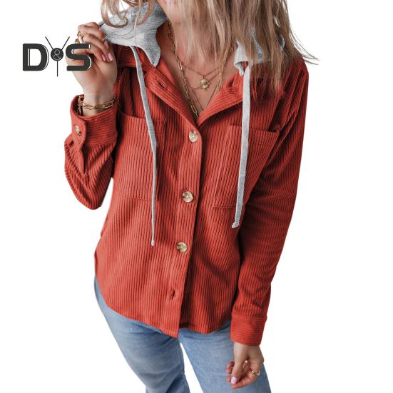 

Весна Осень Женская рубашка с лоскутным капюшоном и нагрудными карманами, однобортная, свободная, с длинными рукавами, однотонная, в полоску, повседневная, школьная XL красный