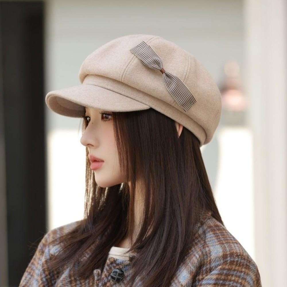 Wool Bow Beret Solid Color Painter Hat Fashion Octagonal Cap Female