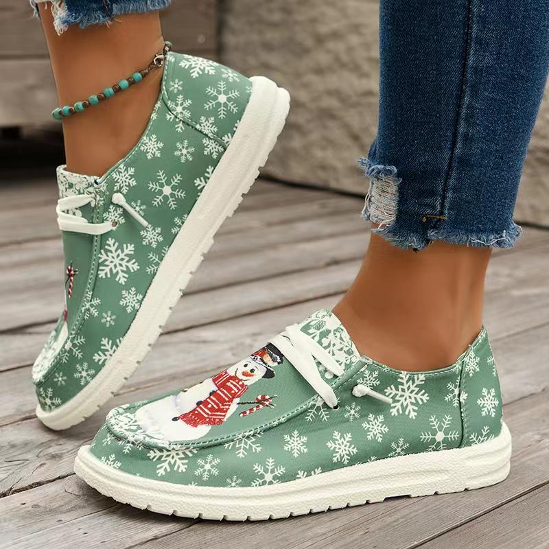 Christmas Snowman Reindeer Pattern Printed Loafers New Fashionable Lace Up Vulcanized Shoes Canvas Women's Flat Shoes Zapatos