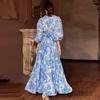 2024 Summer Women's V-Neck Lantern Sleeve High Waist Print Long Dress