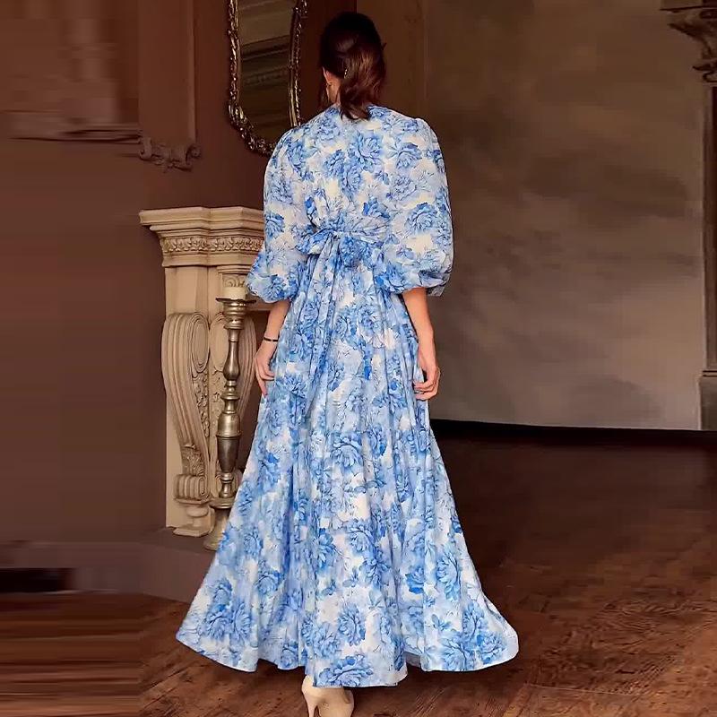 2024 Summer Women's V-Neck Lantern Sleeve High Waist Print Long Dress
