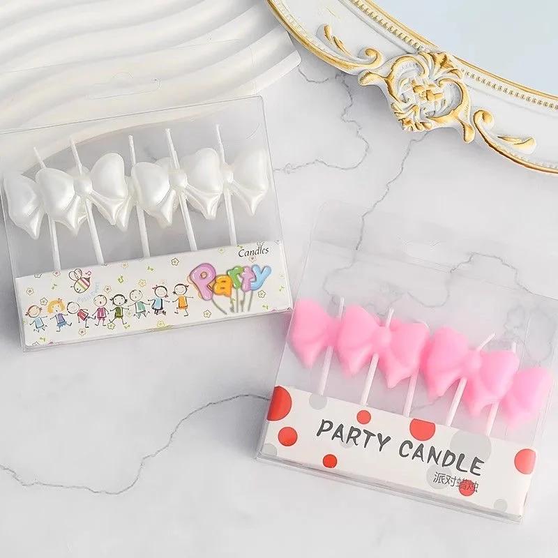 5 Stück Schleife Kuchen Kerze Rosa Weiß Niedlich Kreativ Romantisch Valentinstag Kerzen Party Kuchen Alles Gute zum Geburtstag Dekoration Dekor