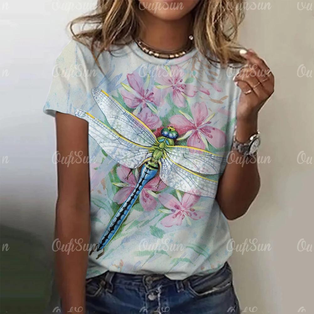 2024 Fashion Women's Short Sleeve Women's T-Shirt Dragonfly Print Fashion T-Shirt for Women Basic Casual Women's Oversized Top