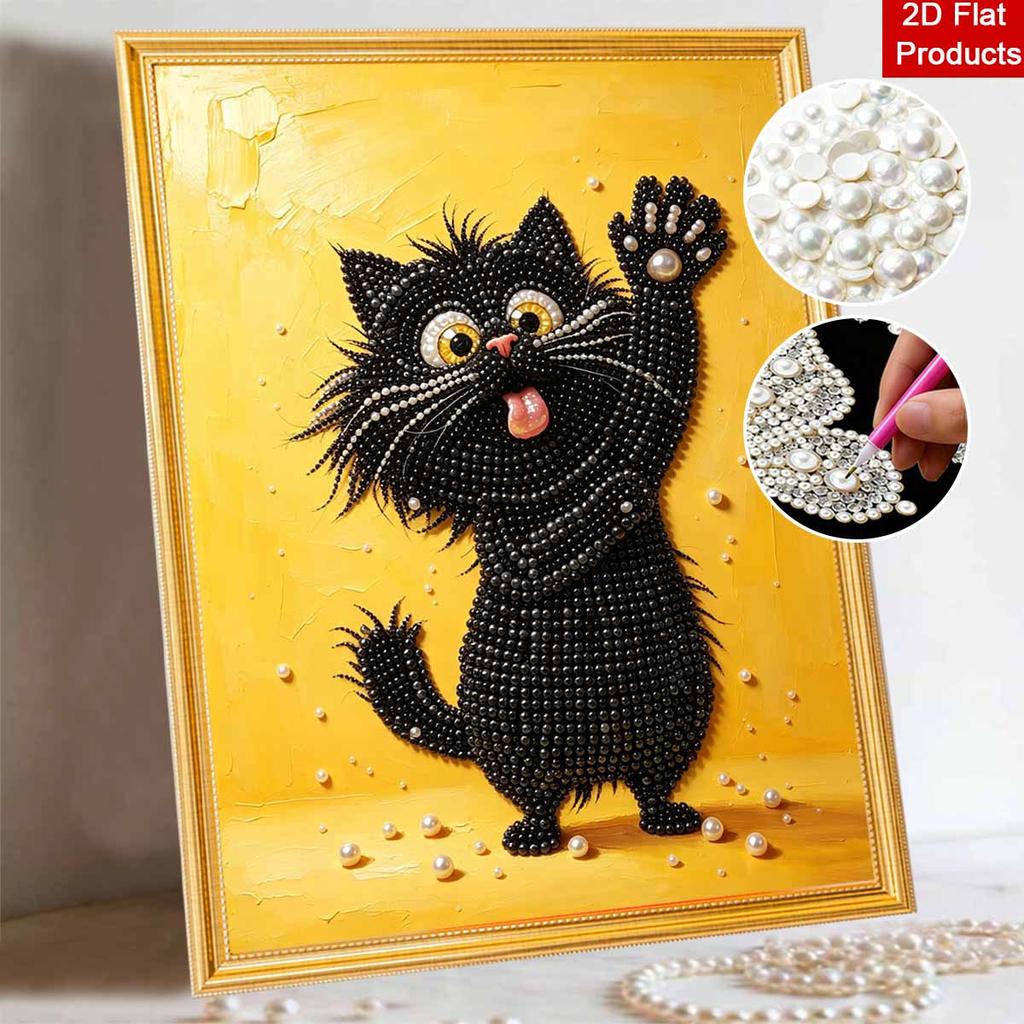 Framed Pearl Painting Kit Cute Black Cat 3D Shiny Bead Art Canvas for Bedroom Living Room Decoration Wall Hanging Craft Gift Supplies Set