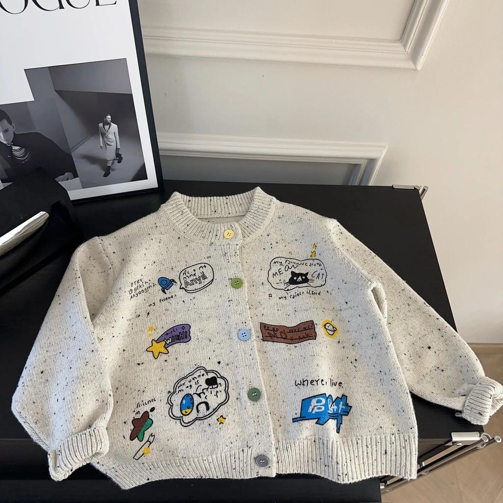 Kids Spring Autumn Cardigan Sweater with Cartoon Print for Boys and Girls