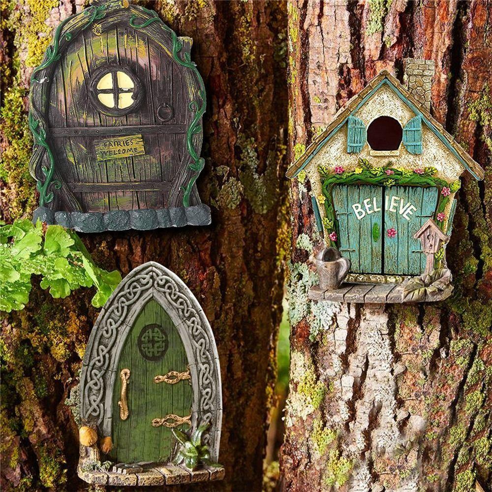 Graverad Design Trä Miniatyr Älva Tomte Älvdörr Fönster Dörr Figurer Gräsmatta Prydnad Trädgårdsdekoration Utomhus Barnpresent