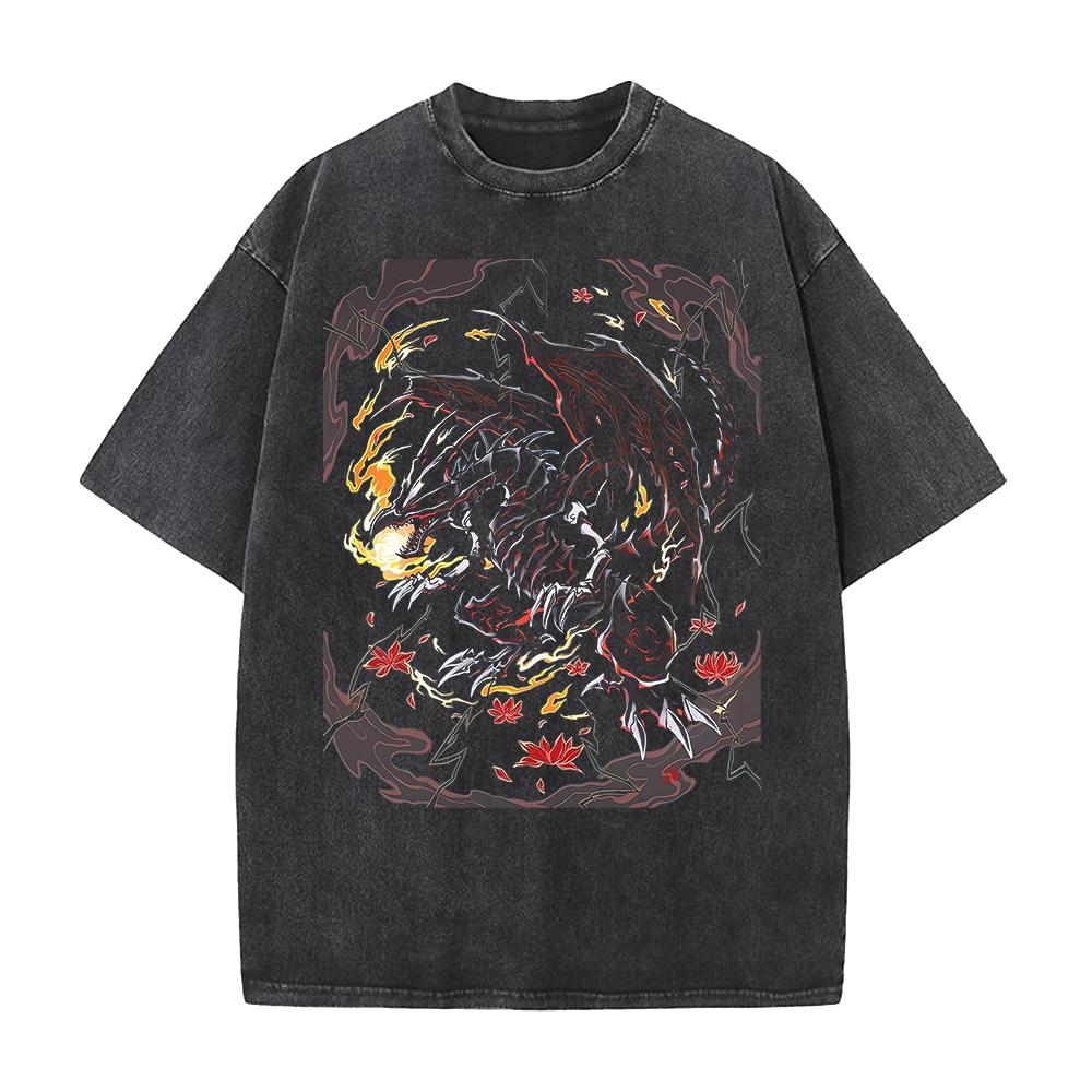 Anime T-shirt Red Eyes Black Dragon Short Sleeve Tee Shirt Vintage Summer Washed Pure Cotton Tops Men's Clothing