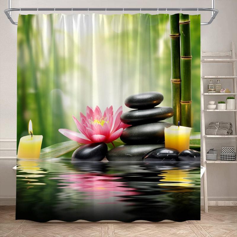 Zen Shower Curtain Natural Flowers Butterfly Grey Stone Reflection Spa Scenery Home Bathroom Decor Polyester Fabric Bath Curtain