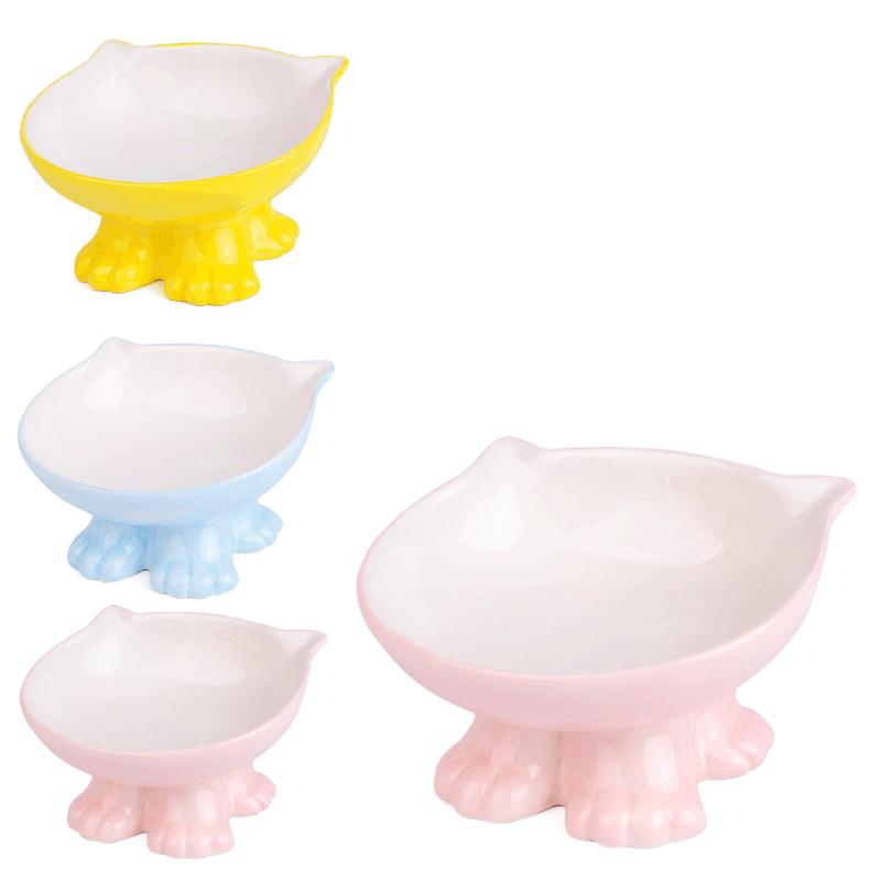 Cat Ceramic Pet Bowl Oblique Mouth Feeding High Foot Protection Cervical Spine Color Inclined Ceramic Cat Bowl Pet Supplies, 1Pc
