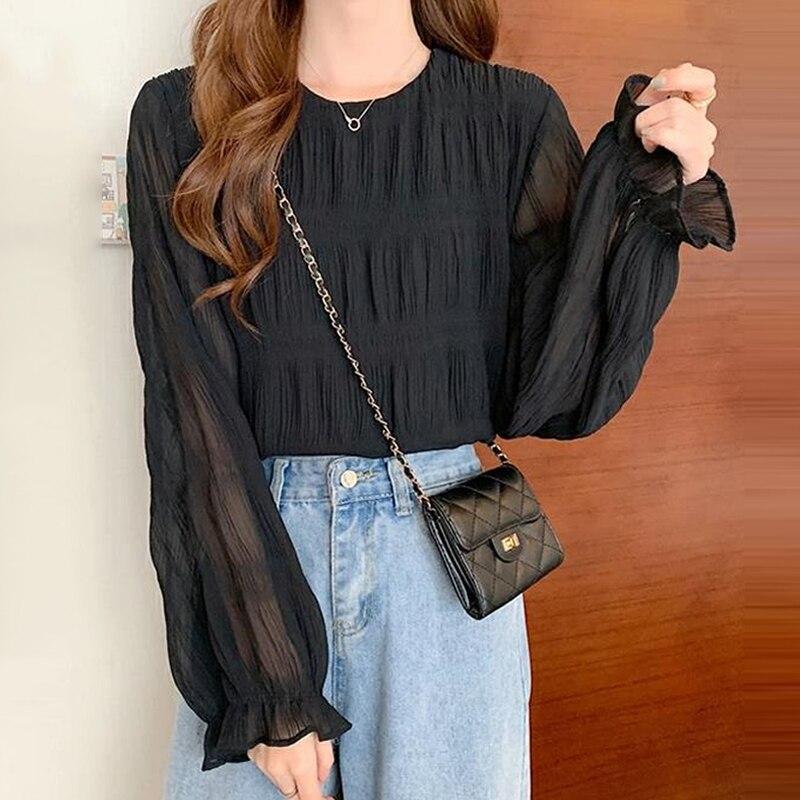 Koreansk mote Sommer Enkel bluse Kvinner 2023 Plisséskjorte Elegante topper Løse klær med lange ermer Solide klær Blusas 27035