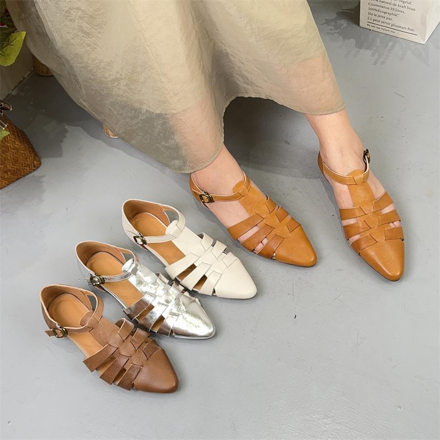 Johnature Kadın Ayakkabıları Hakiki Deri Sivri Burunlu İçi Boş Moda Çok Yönlü Roma Sandaletleri