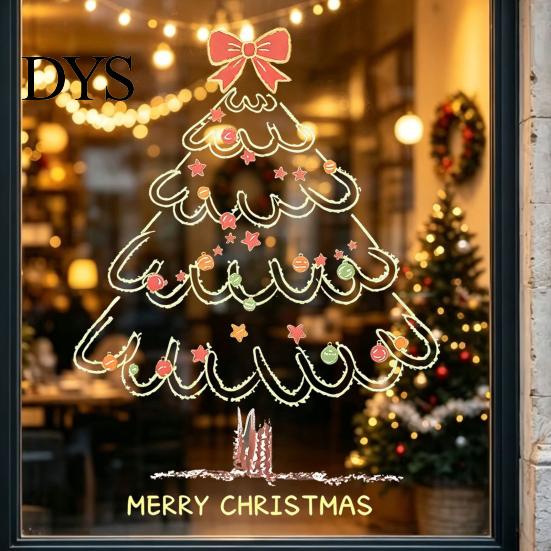 Christmas Store Window Displays Tree Sticker, Simple Line Static Cling Decal, Waterproof Easy Peel Film Removable Festive PVC Decal for Holiday