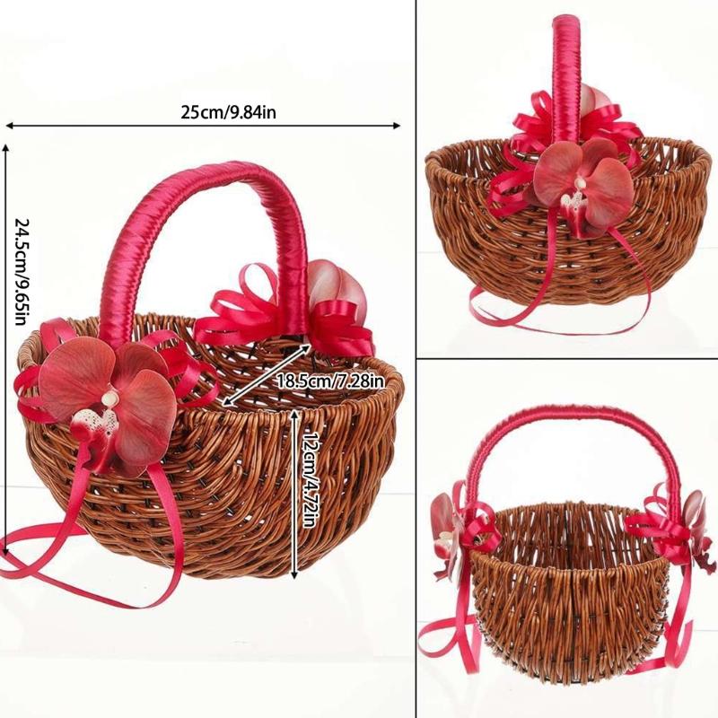 Eleganckie koszyczki dla dziewczynek z rattanu z uchwytem z pereł i wstążką, koszyk na słodycze na ceremonię ślubną i dekorację domu