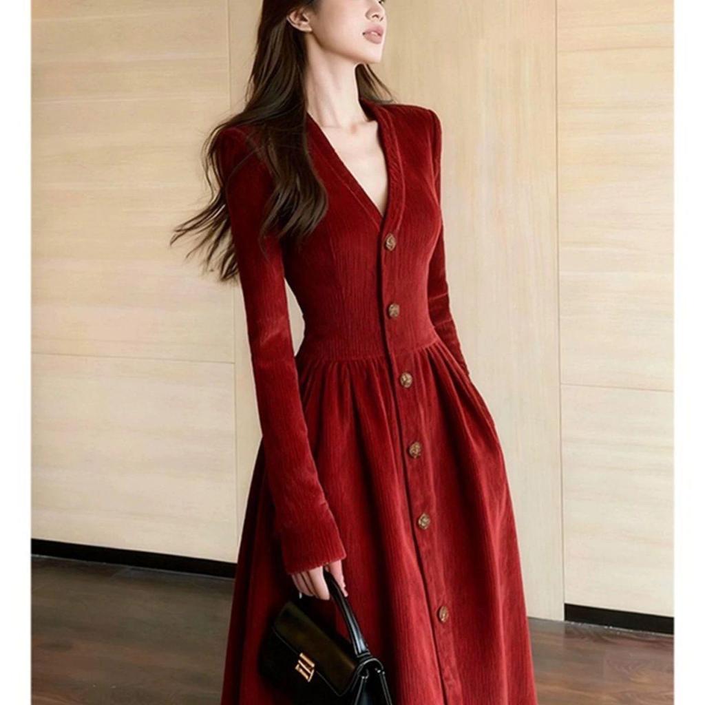 Elegant Red Corduroy Winter Dress with Fleece Lining and Luxury Finish