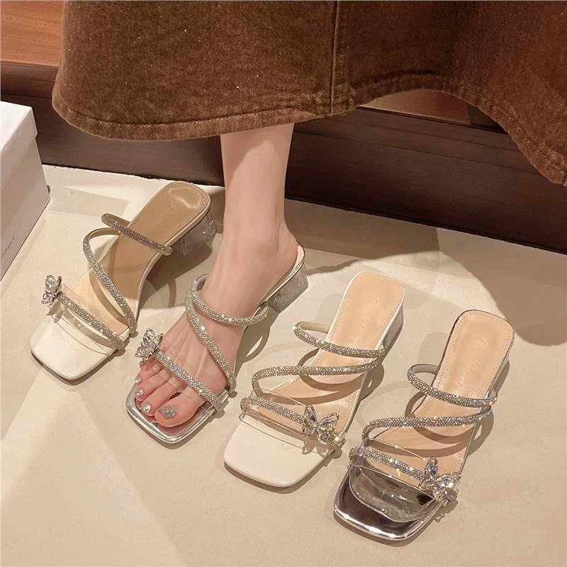 2025 new fairy rhinestone bow fairy beautiful high value cool slippers outer wear with diamond crystal heel women's shoes