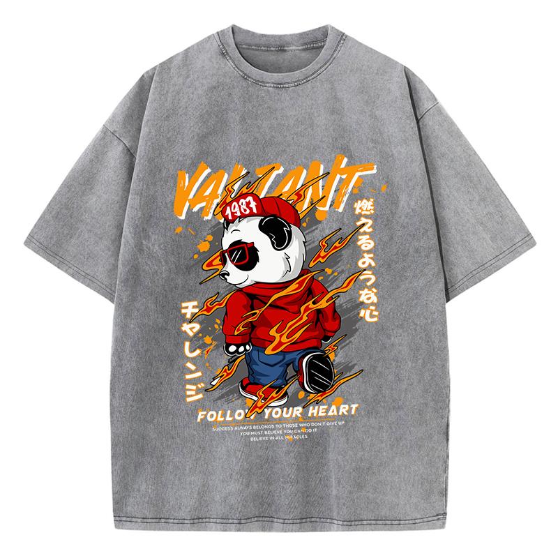 Damen Gewaschene T-Shirts Kung Fu Panda Bedruckte T-Shirts Baumwolle Rundhals Übergröße Tees Vintage Street Damenkleidung