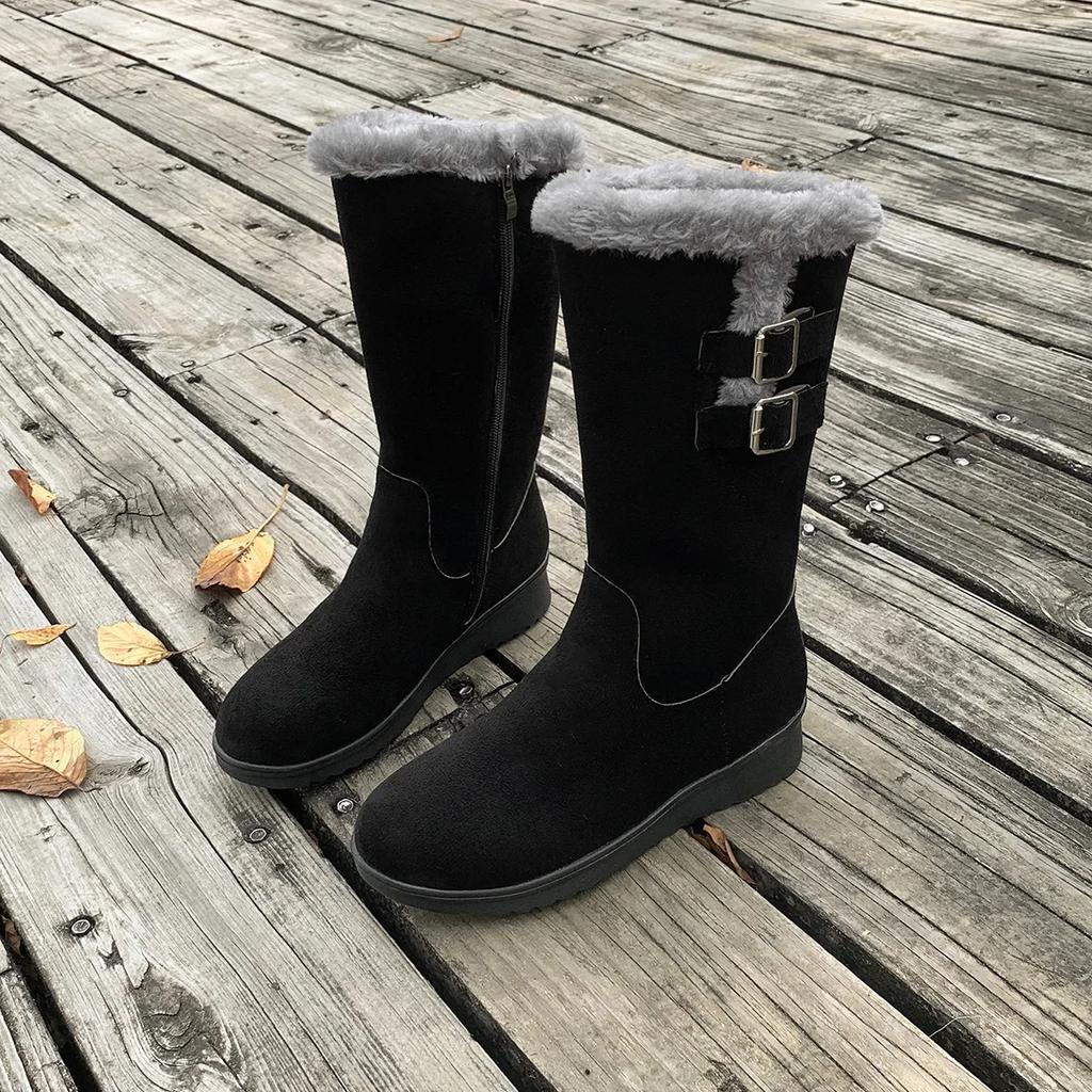 Women Winter Shoes 2024 New Chunky Heel Mid-calf Plush Snow Boots Fashion Female Warm Chelsea High Fur Boot Botas Mujer Invierno
