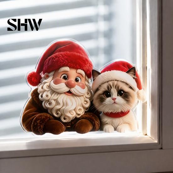Festive Window Art for Holidays Christmas Santa Claus & Cat Static Clings, PVC Waterproof Glass Stickers, Seasonal Home Decor Windows Decorative