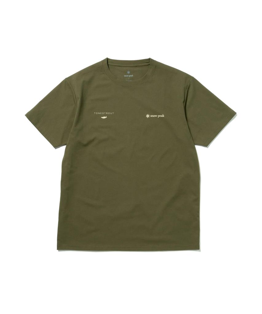 Snow Peak Logo T-Shirt, Toned Trout Mt. Tanigawa, Size XLOLIVETT2510-TS01, Perfect for Camping, Outdoor Activities, and Festivals