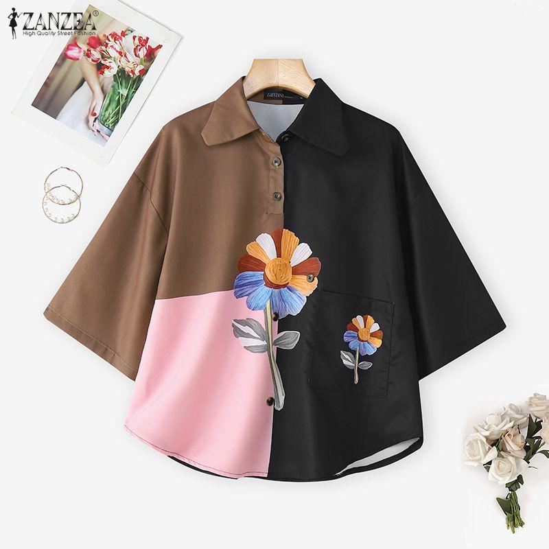 ZANZEA Women Casual Turn Down Collar Loose Short Sleeve Patchwork Blouse