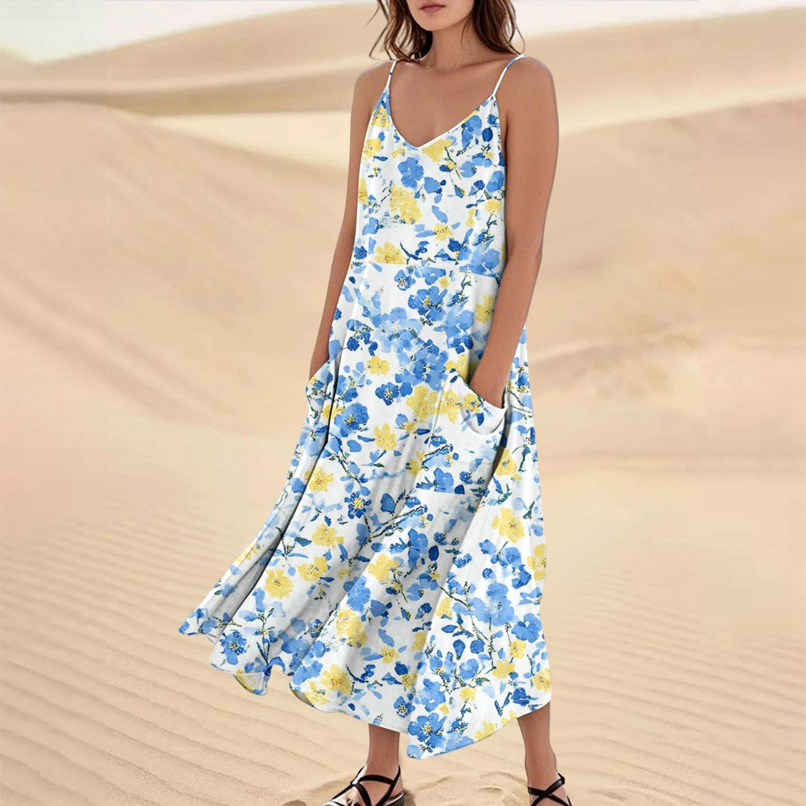 

Жіноча Мода Повсякденна Квітковий Принт Без Рукавів Кишеня Довга Пляжна Сукня L