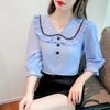 New Slim Summer Korean Doll Neck Shirt Women Fashion Half Sleeve Ruffe Chiffon Blouse Vintage Solid Color Bottoming Top S-2XL