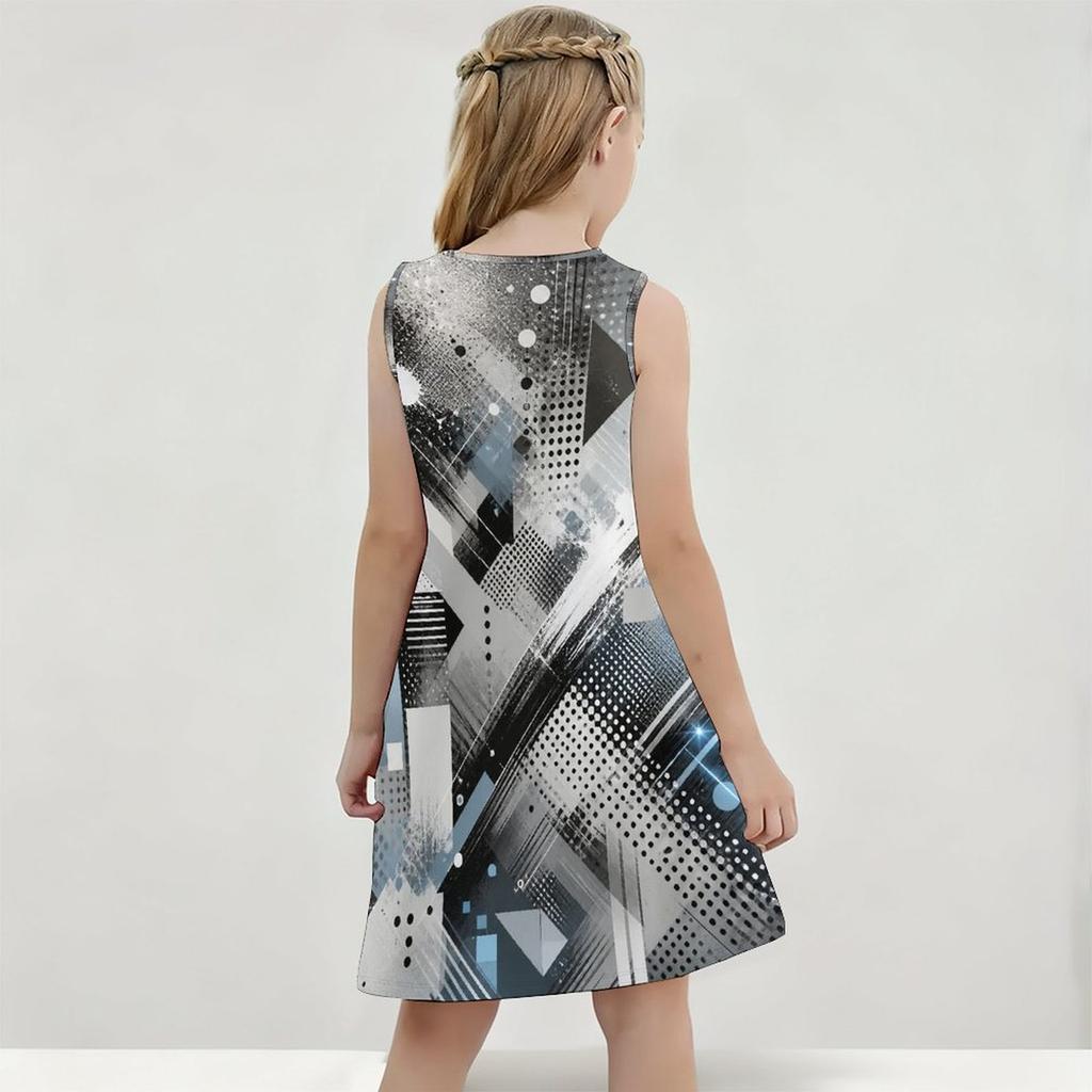 Little Girls Round Neck Sleeveless Geometric Printed A Line Flared Dress