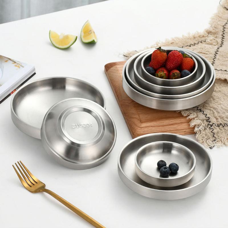 Flat 201/304 Stainless Steel Dish Plate Cooking Noodles Bowl Thickened Dinner Plate Seasoning For Kitchen Restaurant Tableware