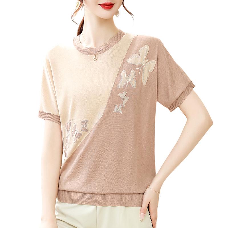 Summer Women's Knit Short-Sleeved Base Layer Top - Stylish for Young Moms & Middle-Aged Women