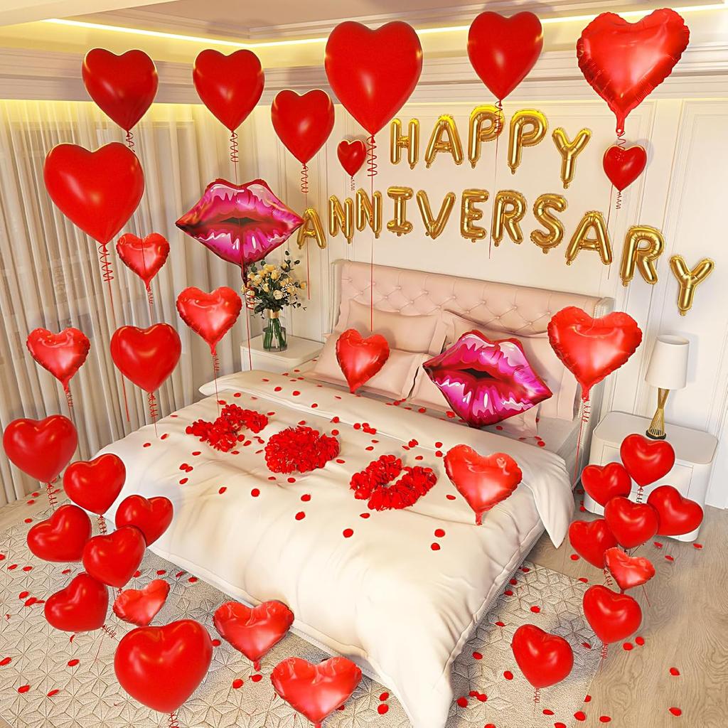 Happy Anniversary Balloon Set  Red Lips and Heart Aluminum Film Balloon Simulation Rose Petals for Valentine's Day Wedding