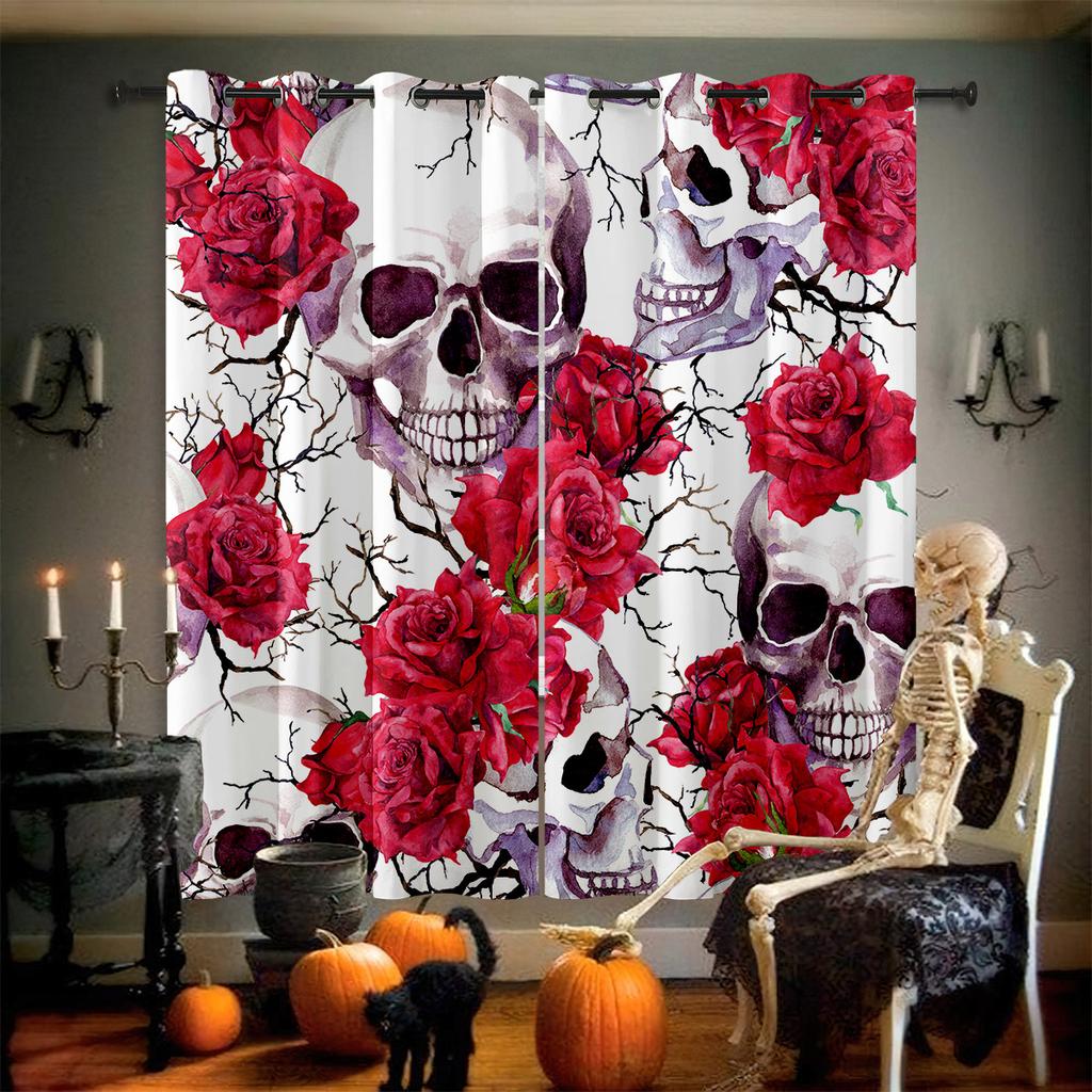 Horror Skull Floral 3D Printed Curtains Retro Gothic Curtains Halloween Party Decorative Curtains Home Decor 2 Pieces