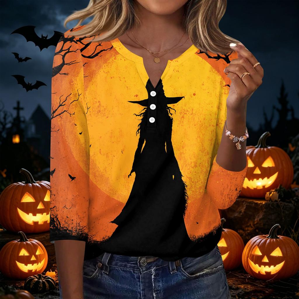 Women's Casual Halloween Pumpkin Print V Neck Button Front Three Quarter Sleeve T Shirt Top for Fall Seasonal Wear