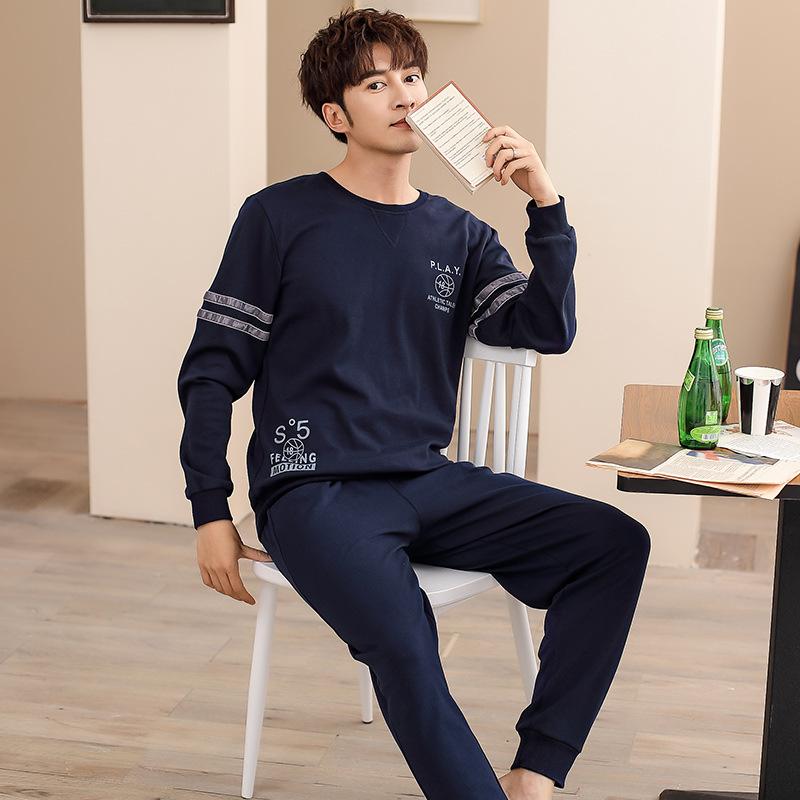 Pajamas men's autumn long-sleeved pure cotton fashion letters men's casual sports cotton loungewear suit can be worn outside