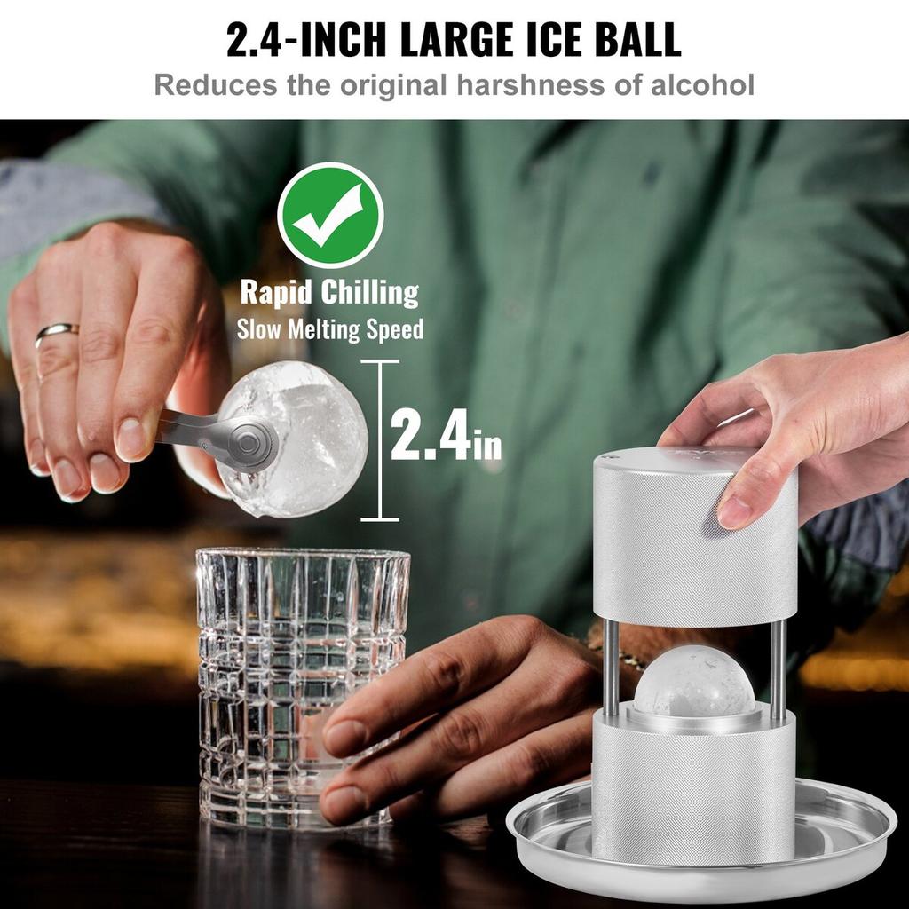 Ice Ball Press, 2.4" Ice Ball Maker, Aircraft Al Alloy Ice Ball Press Kit for 60mm Ice Sphere, Ice Press with Tong and Drip Tray, for Whiskey,