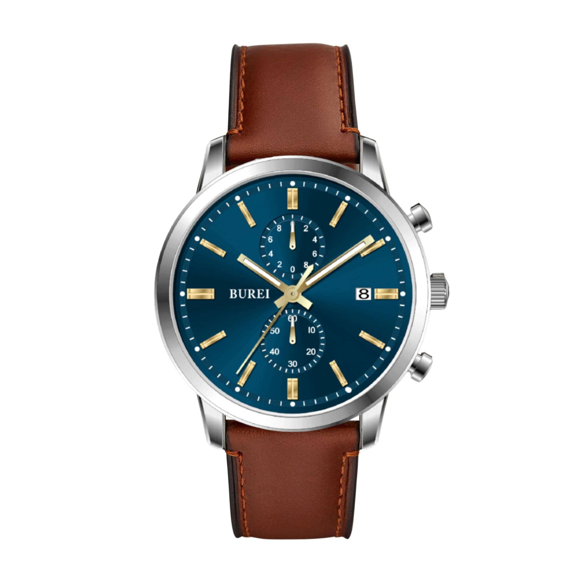 

Чоловічий годинник BUREI, Коричневий шкіряний ремінець, Аналоговий, Відображення дати, Кварцовий механізм, Водонепроникний, Легкий, Простий та стильний, Ідеально підходить для бізнесу або