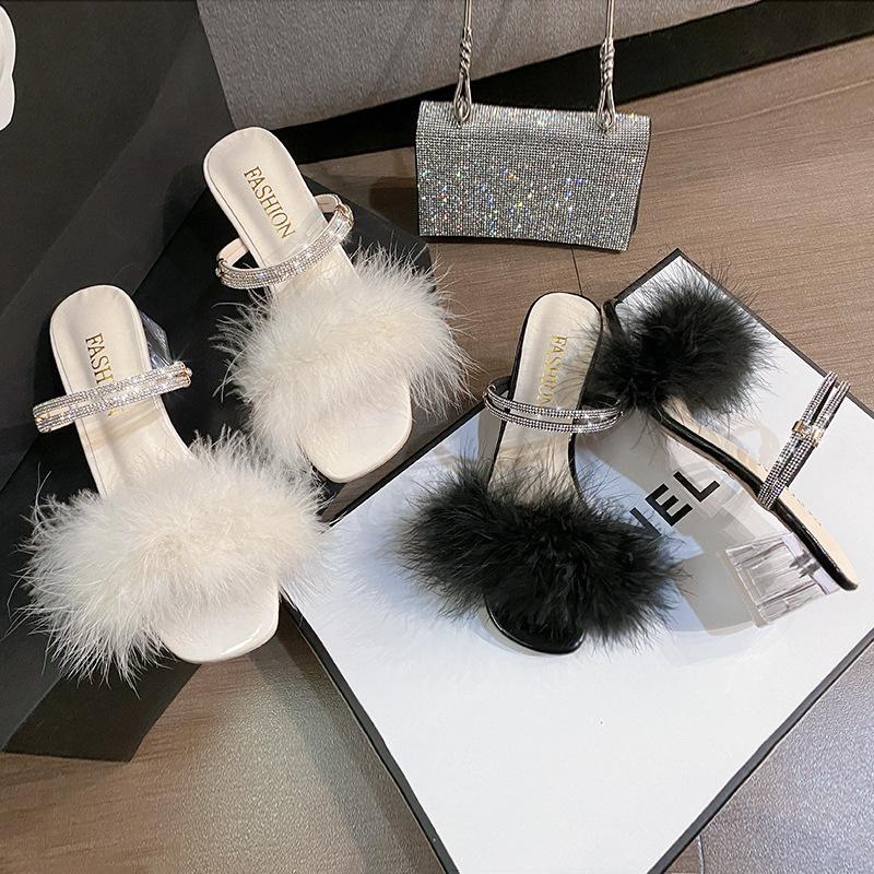 Two Crystal Thick Heel Fluffy Cool Slippers Women's Summer 2025 New One-word Strap with Skirt High Heels