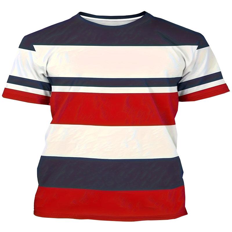 Summer Men's Casual Round Neck T-shirt with Polyester Fiber Stripe Contrasting Design Suitable for Daily Wear and Fitness