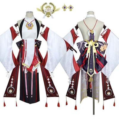 Women's Yae Miko Cosplay Costume Jacquard Fabric Anime Character Outfit With Headwear Shorts And Earrings For Halloween Party