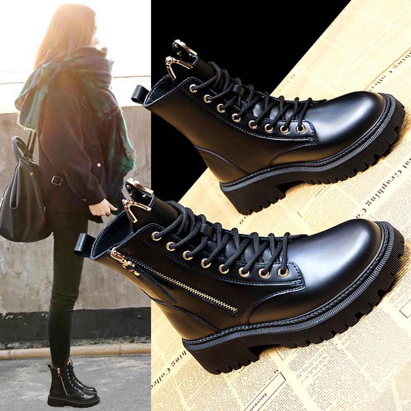 Soft Leather Martin Boots Women's 2025 Autumn and Winter New British Style Thick-soled Thin Boots Popular Velvet Inner Heightening Boots