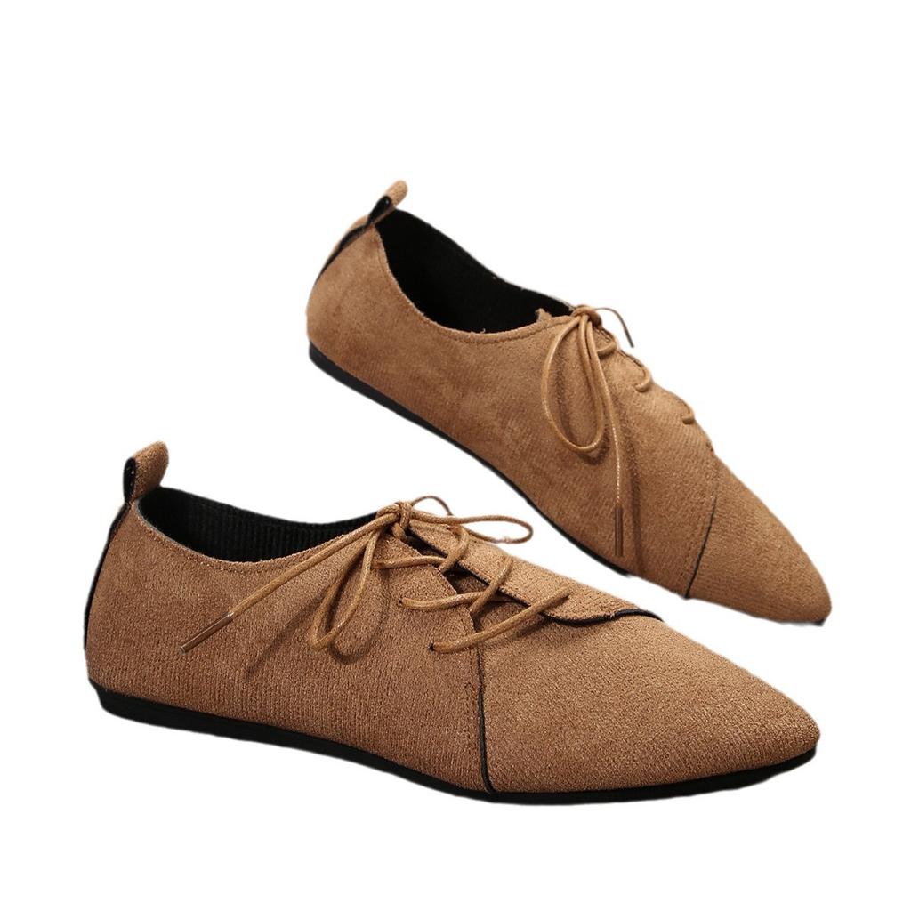 2025 New Foreign Trade Large Size Women's Shoes Shallow Mouth Suede Lace-up Pointed Flat Bottom Single Shoes Female Manufacturer