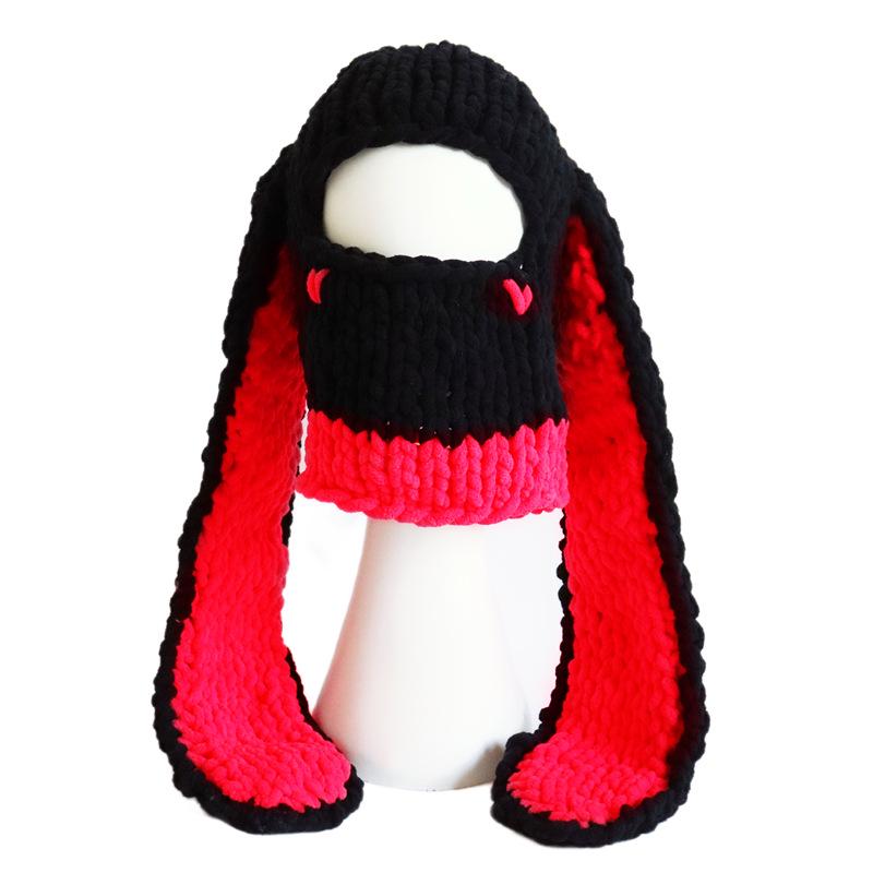 New Hand-Knitted Velvet Rabbit Ear Hat with Devil Horns - Warm, Thick, Sweet, and Stylish Spicy Girl Face Mask