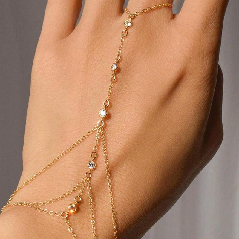 1pc Versatile Diamante Decorated Metal Finger Chain Bracelet, Minimalist Chic Accessory