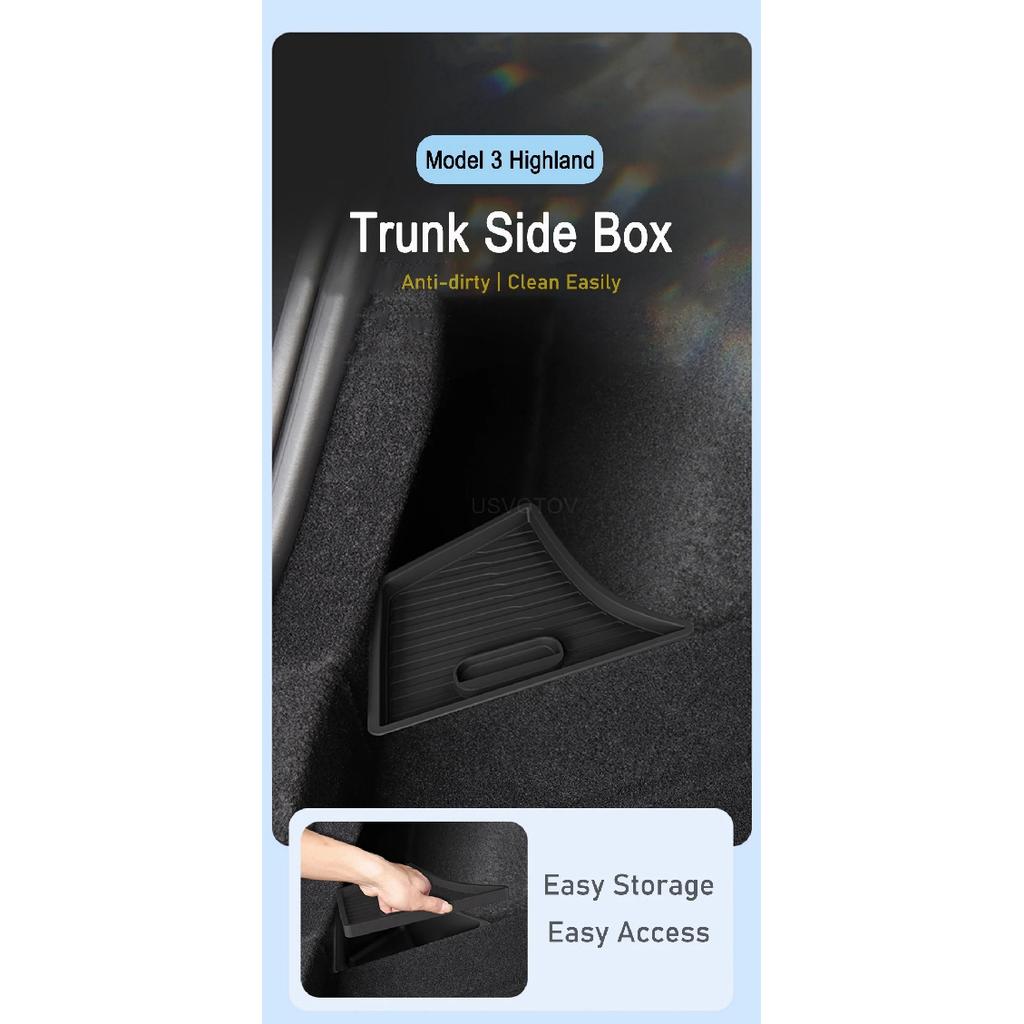 For 2024 2025 Tesla Model 3 Highland Rear Trunk Organizer Side Storage Box Boot Mat Bins TPE Flocking Lids Cover Car Accessories