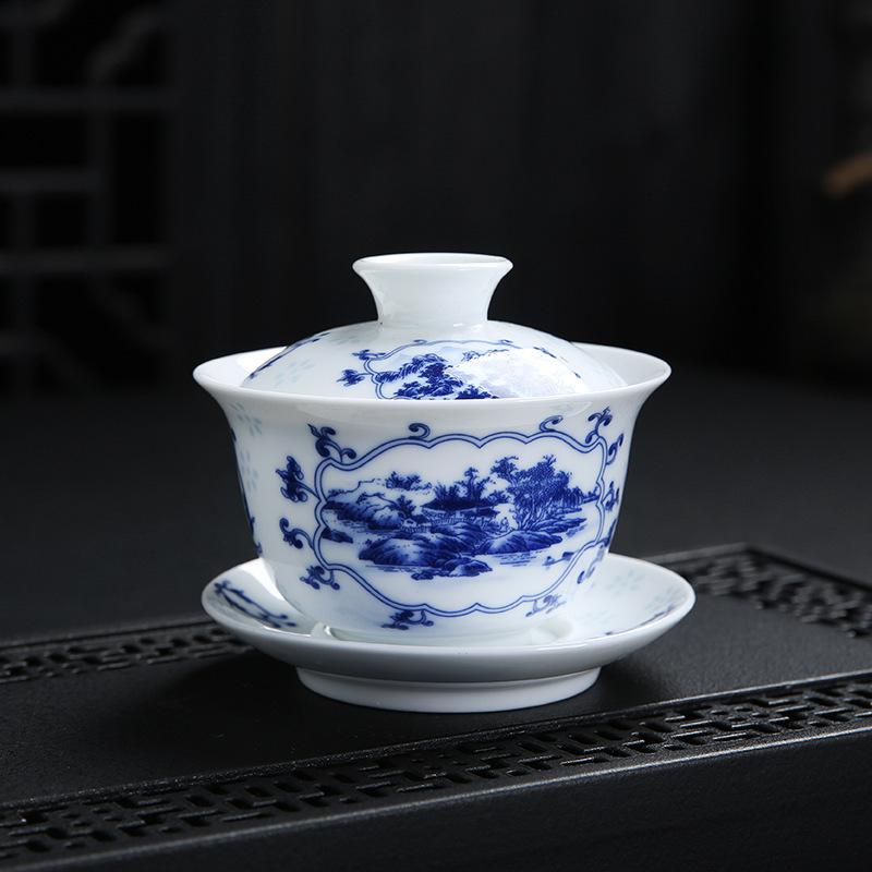 NEW Glazed Color Covered Large High Blue and White Porcelain Three Talents Japanese Style Bowl Tea Cup Manufactu